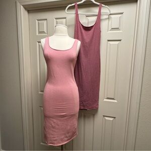 2 for 1 Heart Hips Rose & Burgundy Micro Striped Cotton Blend Midi Tank Dresses